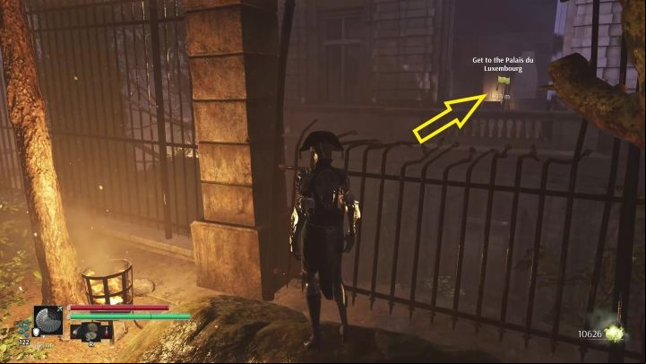 After ing through the gate, look at the metal fence in front of you - Steelrising: The Shadows of Luxembourg - walkthrough - Main missions - Steelrising Guide, Walkthrough