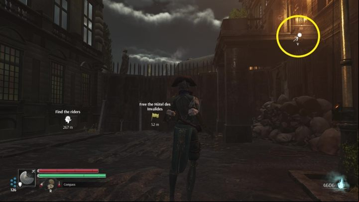 After turning right, use the Bishop's Hook and pull yourself up to the balcony - Steelrising: To Les Invalides - walkthrough - Main missions - Steelrising Guide, Walkthrough