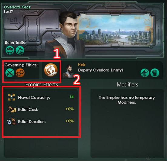 Through this bookmark, you will get important information concerning the overlord of the empire and his heir - Interface in Stellaris - Basics - Stellaris Guide