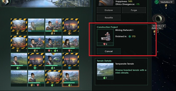 Selecting the building starts the building process displayed in the sector - Seizing of systems and colonization of planets in Stellaris - A good start in Stellaris - Stellaris Guide