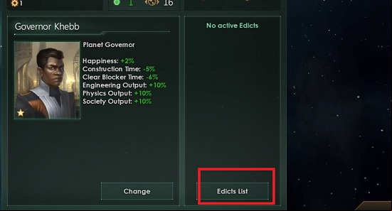 Planetary edicts are accessible via of each Planet. - Planetary edicts in Stellaris - Government - Stellaris Guide