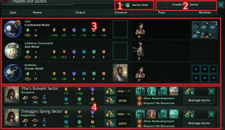 As part of the tab you can see four of its key elements - Sectors in Stellaris - Management - Stellaris Guide