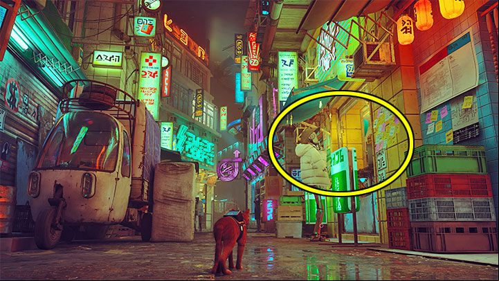 After reaching Midtown (stage 10), you can start exploring the city part - Stray: The safe puzzle in the store - Midtown - Puzzles - Stray Guide, Walkthrough