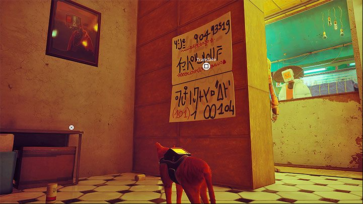 The solution to the puzzle is written on the poster you have to translate, at the back of the store (picture above) - Stray: The safe puzzle in the store - Midtown - Puzzles - Stray Guide, Walkthrough