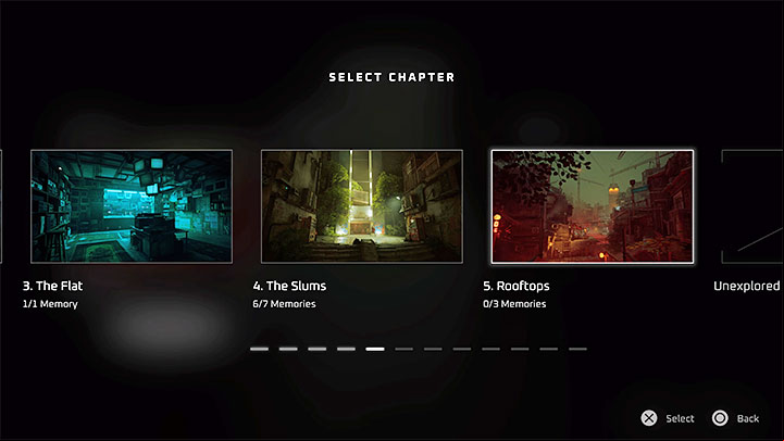 The select chapter option in the main menu helps you track your progress - Stray: Key information - Memories B-12 - Stray Guide, Walkthrough