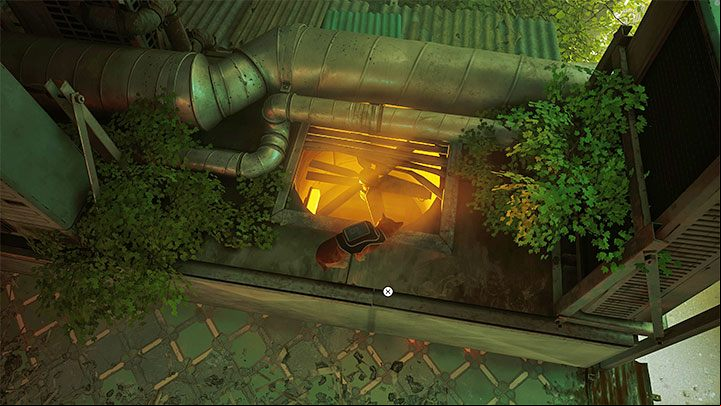 On the roof, he can ask the B-12 to translate the schematic - Stray: The Slums, Chapter 4 - walkthrough - Walkthrough - Stray Guide, Walkthrough