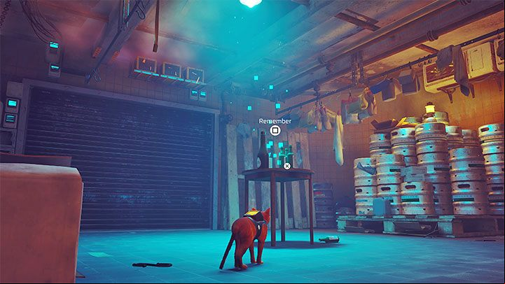 Once you've arrived on the ground floor, the memory is easy to find - it's the small table pictured in the screenshot - Stray: Midtown - All Memories - Memories B-12 - Stray Guide, Walkthrough