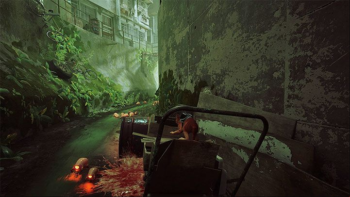 After one of the jumps, you will end up in a cart, which can crush the zurks - Stray: Dead End, Chapter 7 - walkthrough - Walkthrough - Stray Guide, Walkthrough
