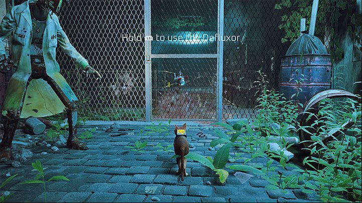 Get out of the building and stand next to the net - Stray: Dead End, Chapter 7 - walkthrough - Walkthrough - Stray Guide, Walkthrough