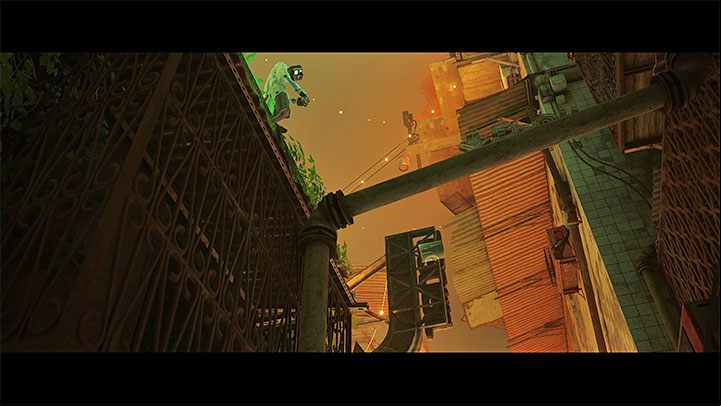 A successful action will trigger a cut-scene of dropping the paint can - Stray: The Super Spirit Laundry puzzle - The Slums - Puzzles - Stray Guide, Walkthrough