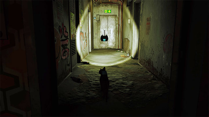 You will find yourself in a dark corridor - use B-12's flashlight - Stray: The puzzle with the code to the closed door - The Flat - Puzzles - Stray Guide, Walkthrough