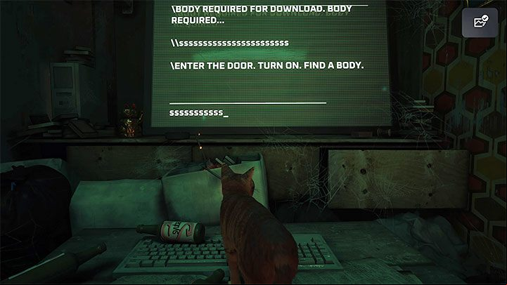 Jump up on the desk and start running on the keyboard - Stray: The puzzle with B-12s body - The Flat - Puzzles - Stray Guide, Walkthrough