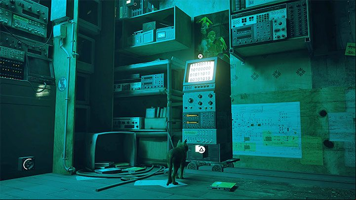 The fourth object is in the slot of the machine that you moved to obtain the third power source - Stray: The puzzle with B-12s body - The Flat - Puzzles - Stray Guide, Walkthrough