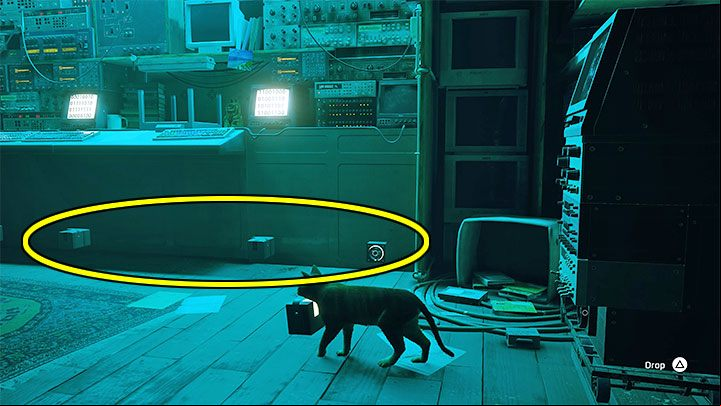 Each power source must be placed in one of the available bottom slots - they are located under the wide device (picture above) - Stray: The puzzle with B-12s body - The Flat - Puzzles - Stray Guide, Walkthrough