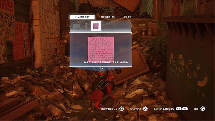 A note with a Safe Mysterious is attached to the safe - Stray: The puzzle with the safe and the note with the binary code - The Slums - Puzzles - Stray Guide, Walkthrough