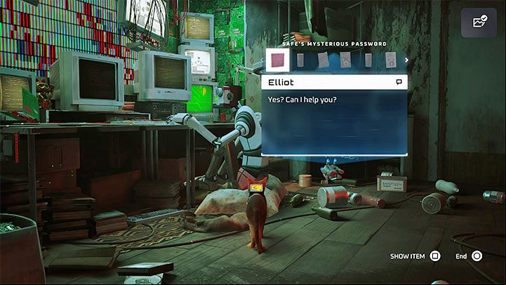 Elliot is in the room on the first floor - Stray: The puzzle with the safe and the note with the binary code - The Slums - Puzzles - Stray Guide, Walkthrough