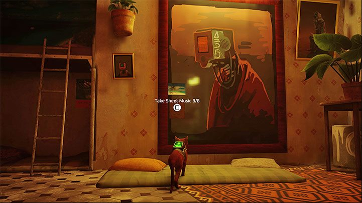 The Sheet Music is attached to a painting on the wall on the ground floor of the building - Stray: Sheet Music - list - Secrets and Collectibles - Stray Guide, Walkthrough