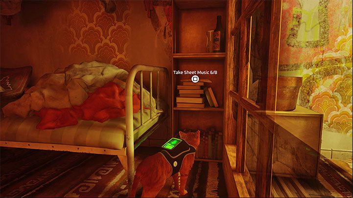 In the apartment, examine the shelf next to the bed - Stray: Sheet Music - list - Secrets and Collectibles - Stray Guide, Walkthrough