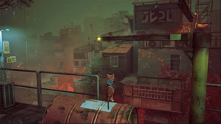 You will reach a barrel that needs to be rolled - Stray: Rooftops, Chapter 5 - walkthrough - Walkthrough - Stray Guide, Walkthrough