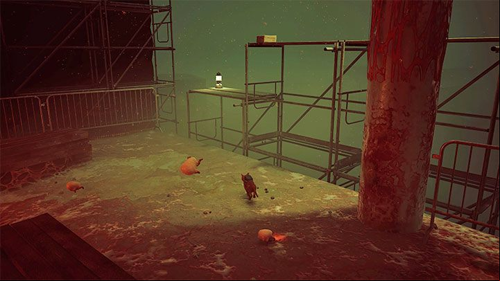 The linear route will lead you to a wooden plank that you have to push and make a bridge out of - Stray: Rooftops, Chapter 5 - walkthrough - Walkthrough - Stray Guide, Walkthrough