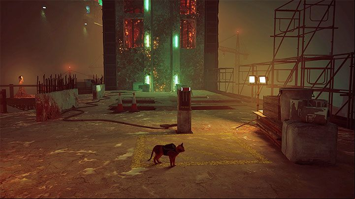 Pulling the lever will activate the elevator, but it will also alert the zurks - Stray: Rooftops, Chapter 5 - walkthrough - Walkthrough - Stray Guide, Walkthrough