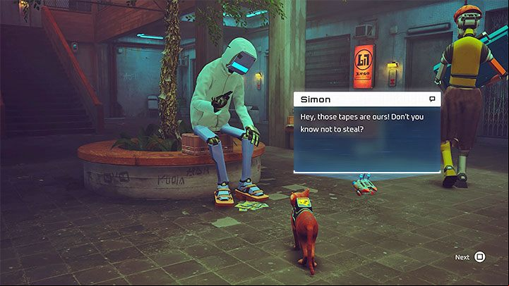 The plan to get the disguise for Blazer consists of 2 parts - you have to find a jacket and a hat to make the robot look like factory workers - Stray: Midtown, Chapter 10 - walkthrough - Walkthrough - Stray Guide, Walkthrough