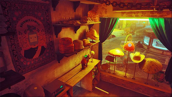 Jump out of the box and steal the Worker Hat from the exhibition - Stray: Midtown, Chapter 10 - walkthrough - Walkthrough - Stray Guide, Walkthrough
