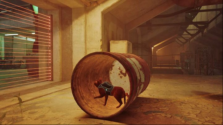 It's easy to by the lasers - enter the barrel and roll to the side - Stray: Midtown, Chapter 10 - walkthrough - Walkthrough - Stray Guide, Walkthrough