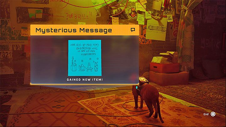 The message contains pictures of 4 objects you need to find and examine, as well as the order in which the clues need to be discovered (from 1 to 4) - Stray: Midtown, Chapter 10 - walkthrough - Walkthrough - Stray Guide, Walkthrough