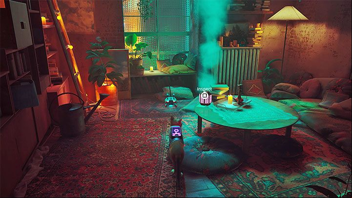 The first clue is a smoking box lying on a low table - Stray: Midtown, Chapter 10 - walkthrough - Walkthrough - Stray Guide, Walkthrough