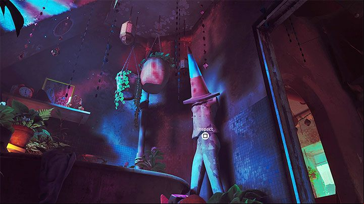 The next clue is a traffic cone located in the bathroom, on a mannequin - Stray: Midtown, Chapter 10 - walkthrough - Walkthrough - Stray Guide, Walkthrough