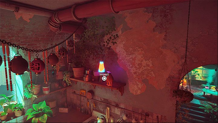 The last clue is a lit lamp placed on a tall shelf in the kitchen - you'll need to jump twice to reach it - Stray: Midtown, Chapter 10 - walkthrough - Walkthrough - Stray Guide, Walkthrough