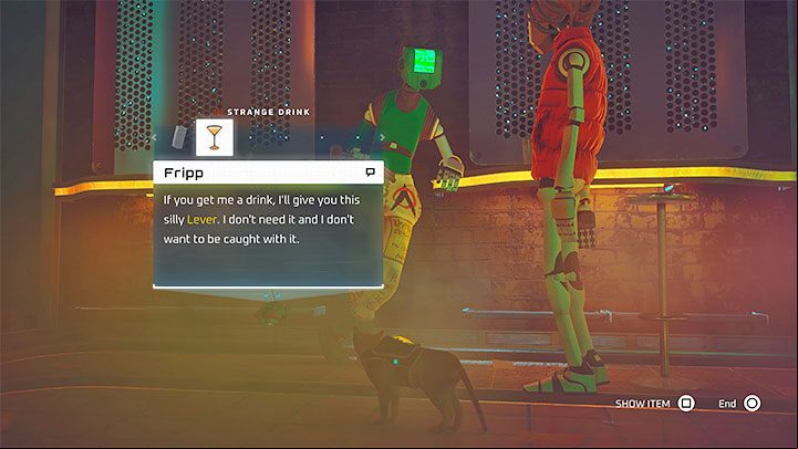 Having a drink in your inventory, talk to the robot named Fripp - Stray: Midtown, Chapter 10 - walkthrough - Walkthrough - Stray Guide, Walkthrough