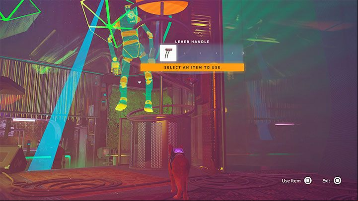 You can place the new item in the lever mechanism behind DJs - Stray: Midtown, Chapter 10 - walkthrough - Walkthrough - Stray Guide, Walkthrough