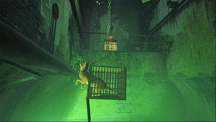 The chapter begins in a hanging cage from which you need to break free - to do that, rock the cage by moving the analog stick left to right (or A and D buttons on PC) After some effort, you'll break free and can begin exploring the prison with a goal to find your companions - Stray: Jail, Chapter 11 - walkthrough - Walkthrough - Stray Guide, Walkthrough