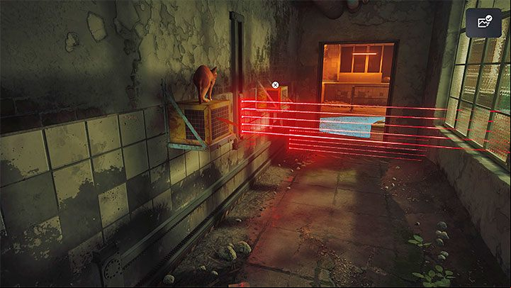 The next corridor contains mobile traps and an enemy drone - Stray: Jail, Chapter 11 - walkthrough - Walkthrough - Stray Guide, Walkthrough