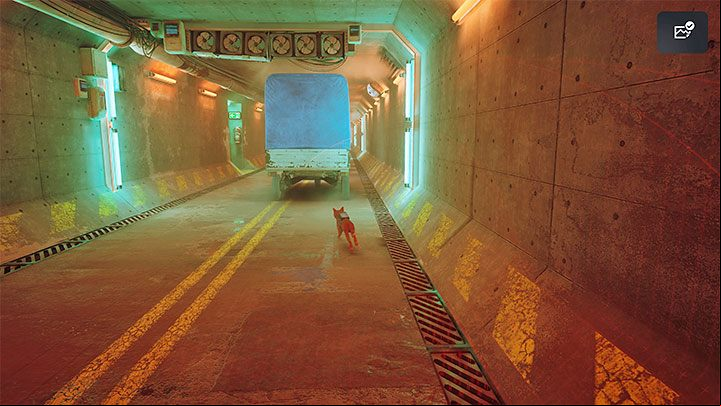 An escape sequence awaits you - start dashing towards the fence and after getting across, run zig-zag behind the vehicle controlled by Clementine - Stray: Jail, Chapter 11 - walkthrough - Walkthrough - Stray Guide, Walkthrough
