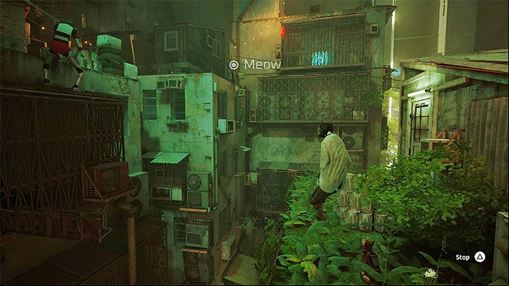 There are 2 robots on the roof of the laundry room and one of them is throwing paint cans - Stray: Poncho for Elliot in The Slums - how to get it? - FAQ - Stray Guide, Walkthrough
