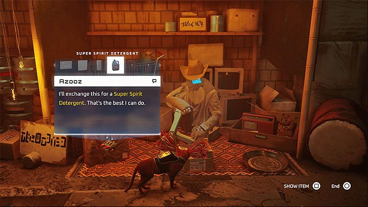 Bring the detergent to the local merchant Azooz - his stall is near the central part of the slums - Stray: Poncho for Elliot in The Slums - how to get it? - FAQ - Stray Guide, Walkthrough