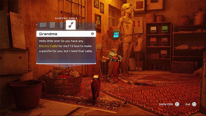 Explore the surrounding streets and you'll encounter Grandma - you can give her the electric cables that you bought from Azooz - Stray: Poncho for Elliot in The Slums - how to get it? - FAQ - Stray Guide, Walkthrough