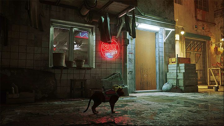 The entrance to the laundry is on the left - Stray: The Slums Map - is it available in the game? - FAQ - Stray Guide, Walkthrough