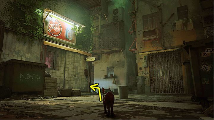 Turn 180 degrees and take the distant alley to the right pictured in the screenshot - Stray: Seamus flat - where is it in the Slums? - FAQ - Stray Guide, Walkthrough
