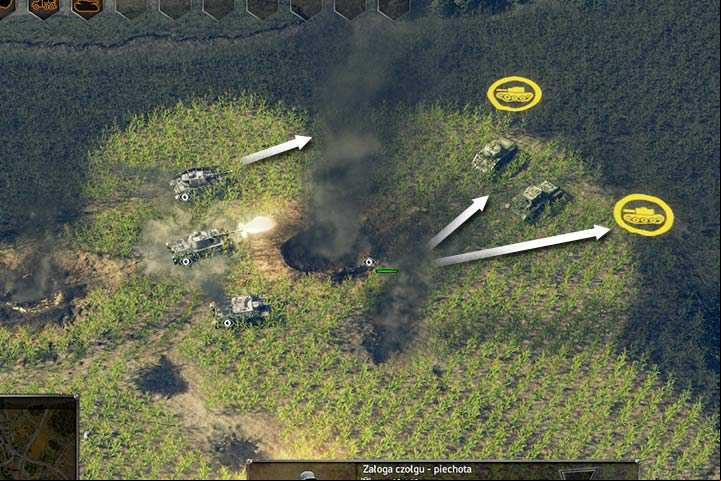 Tanks have very little field of view (look on the upper arroww on the picture above), especially in thick grass. Even one soldier teamed with your tanks can decide the outcome of the battle because of his superior field of view (lower arrows). Use it as your advantage! - Attacking and the offensive | Battle tactics - Battle tactics - Sudden Strike 4 Game Guide