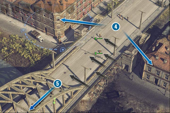 Place mines on the bridge to welcome the German vehicles properly (the black arrows). Then, hide most of your units in the buildings nearby (4) and send a small group on the other side (5). - Mission 4 - Operation Market Garden | Allied | Campaign - Allied - Sudden Strike 4 Game Guide