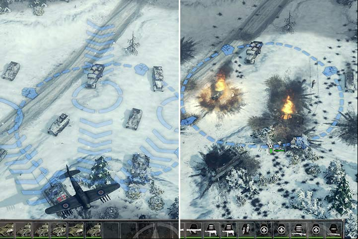 Use the limited air wisely. Select a direction for the fighters so that the bombs can hit the backs of the vehicles and deal more damage. The remaining enemies should be destroyed with land units. - Mission 5 - Battle of the Bulge | Allied | Campaign - Allied - Sudden Strike 4 Game Guide