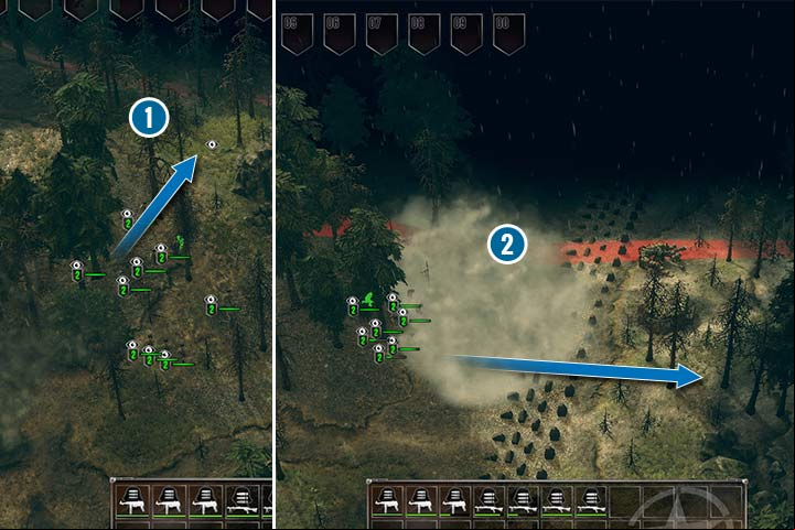Eliminate the enemy observer before you attack the enemy positions. After that you can attack the northern part of the enemy defense. You can bombard it with mortars or throw smoke grenades and run to their positions. - Mission 6 - Battle of Hurtgen Forest | Allied | Campaign - Allied - Sudden Strike 4 Game Guide