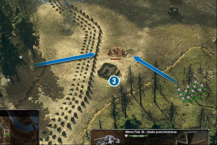 88mm Flak cannon is a very difficult enemy but you can use it against tanks. First, you must eliminate the infantry near the cannon and then place two teams in vegetations on the opposite sides. Thanks to that you can easily get rid of the cannons crew. - Mission 6 - Battle of Hurtgen Forest | Allied | Campaign - Allied - Sudden Strike 4 Game Guide