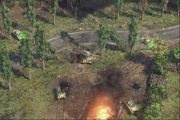 The track of this Tiger is destroyed, which makes it and easy target for your Shermans. Now, you gave to attack it either from the side or from the back to speed up its destruction. - Tanks and lightweight armored vehicles | Unit types - Unit types - Sudden Strike 4 Game Guide