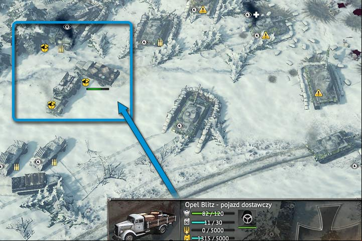 All yellow symbols inform you of necessary repairs (exclamation mark), demand for ammo (rounds), empty tank (gas canister) or low supply (open box). Delivery vehicles (arrow) can replenish supplies, whereas repair vehicles can fix damaged modules. - Transport, repair and delivery vehicles | Unit types - Unit types - Sudden Strike 4 Game Guide