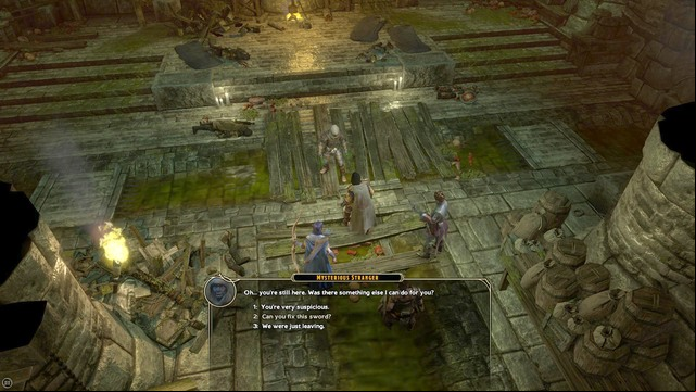 Go to the Mysterious Stranger (M4, Mysterious Stranger) and talk to him - Side quests | City Gates Walkthrough - City Gates - Sword Coast Legends Game Guide